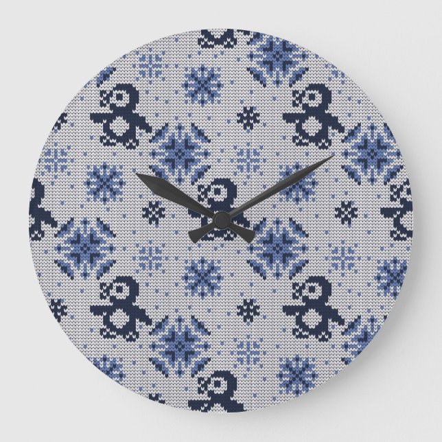 Knitted Winter Penguins Decorative Pattern Large Clock (Front)
