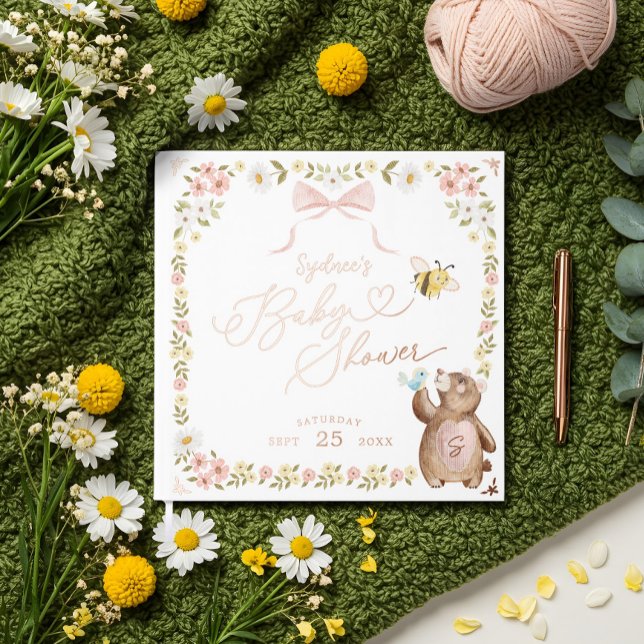 Knitted Woodland Bear Floral Pink Bow Baby Shower Guest Book (Knitted Woodland Bear Floral Pink Bow Baby Shower Foil Guest Book)