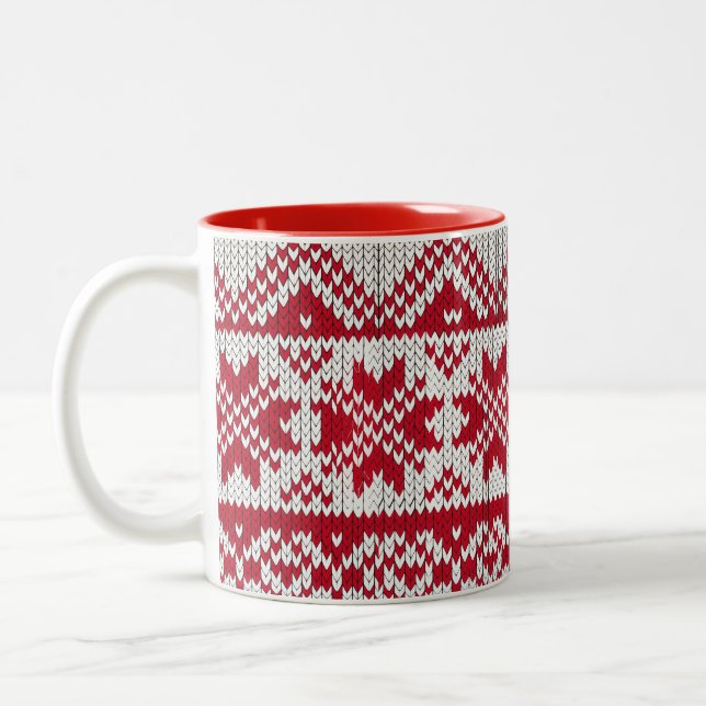 Knitted Xmas Pattern in Red & White Two-Tone Coffee Mug (Left)