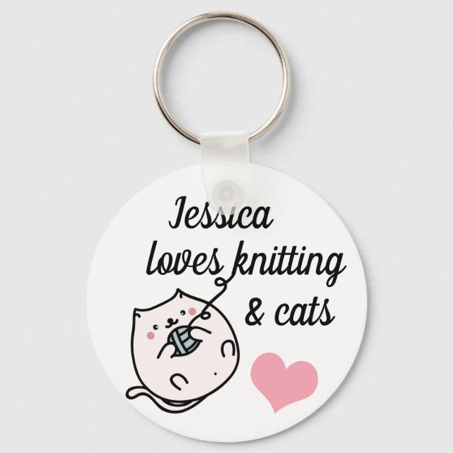 Knitters and Cat Lovers Cute Personalised Key Ring (Front)