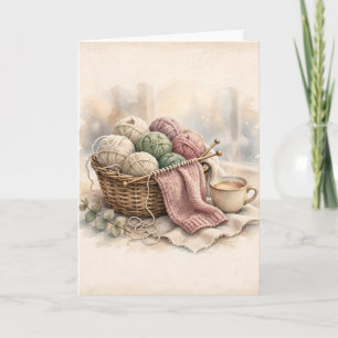 Knitting Basket Gift Watercolor Yarn Cosy Winter A Card