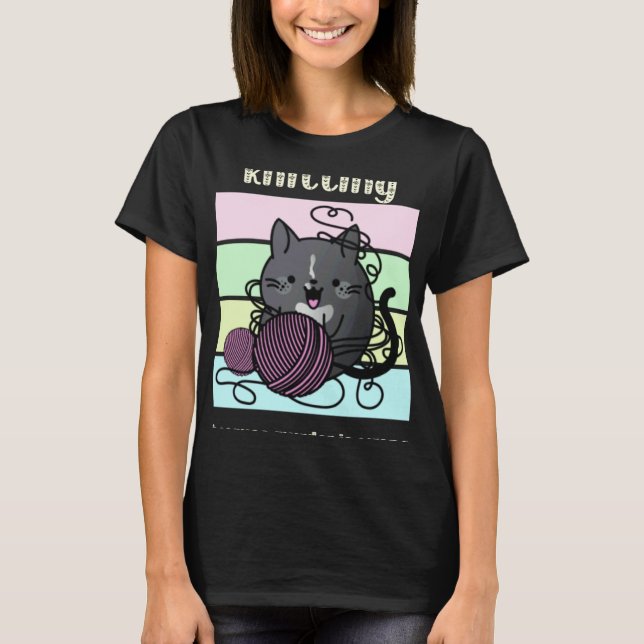 Knitting Because Murder is Wrong  Black Tuxedo Cat T-Shirt (Front)