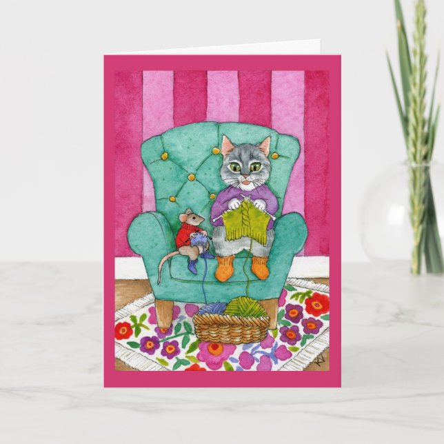 Knitting cat and mouse greeting or note card (Front)