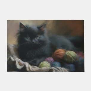 Knitting Companion Black Kitten With Yarn Doormat