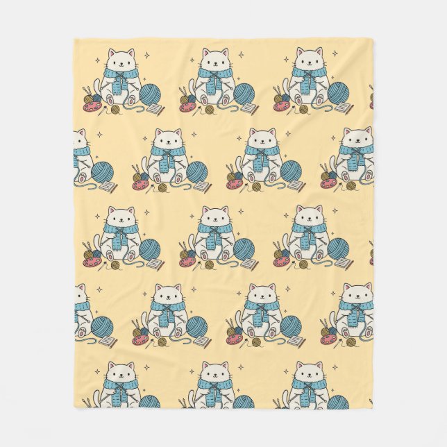 Knitting Crochet Cat Paws Pastel Pattern Cozy Fleece Blanket (Front)