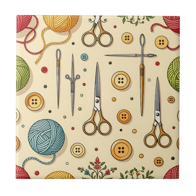 Knitting Crochet Sewing Tools Pattern Tile (Front)