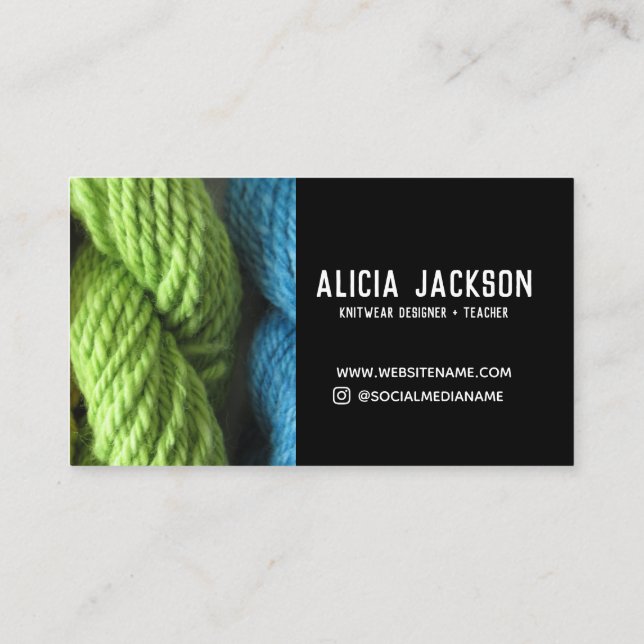Knitting Green Blue Black Yarn Personalised Business Card (Back)