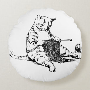 Knitting Kitty Round Cushion