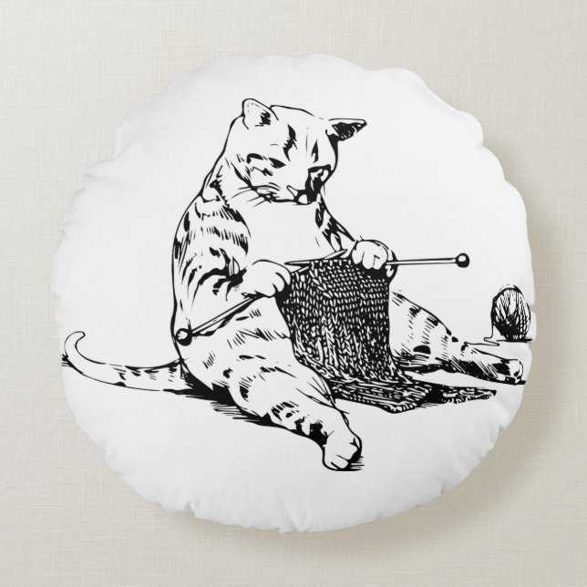 Knitting Kitty Round Cushion (Front)