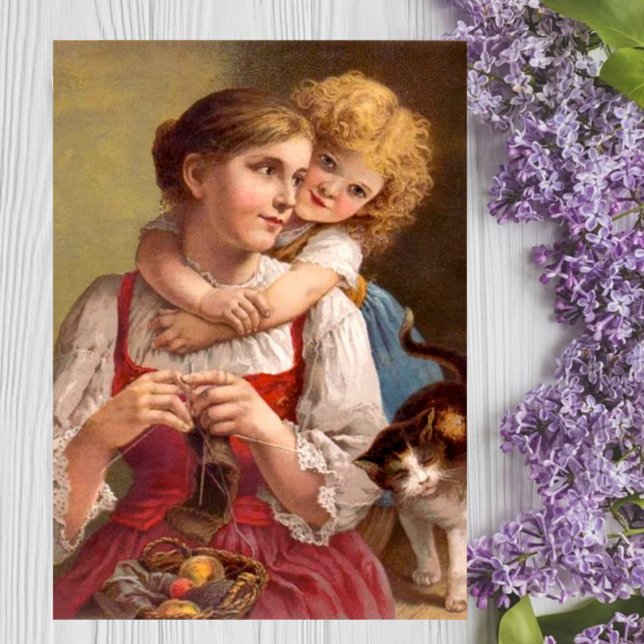 Knitting mother with child and cat (Creator Uploaded)