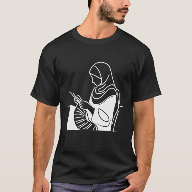 Knitting Needles One Line Art Drawing T-Shirt (Front)