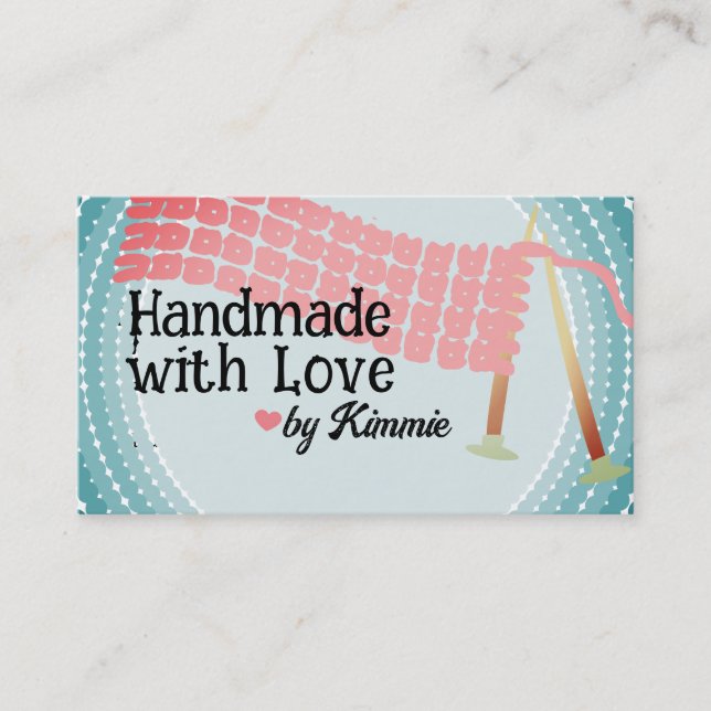 Knitting needles scarf pink grey business cards... card (Front)