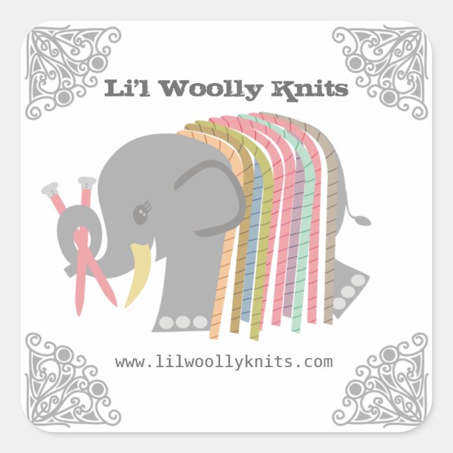 Knitting needles yarn elephant woolly mammoth square sticker (Front)