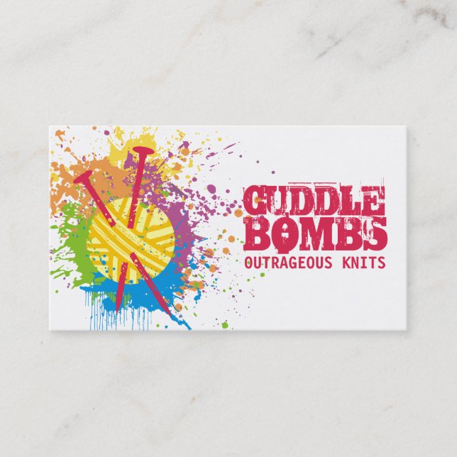 Knitting needles yarn grunge splatter rainbow business card (Front)