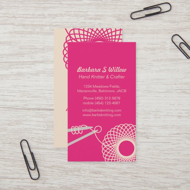 Knitting needlework pink cream business cards (Front/Back In Situ)