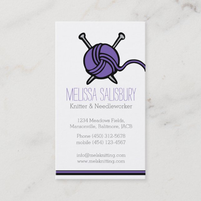 Knitting needlework purple business cards (Front)