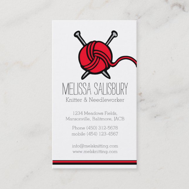 Knitting needlework red business cards (Front)