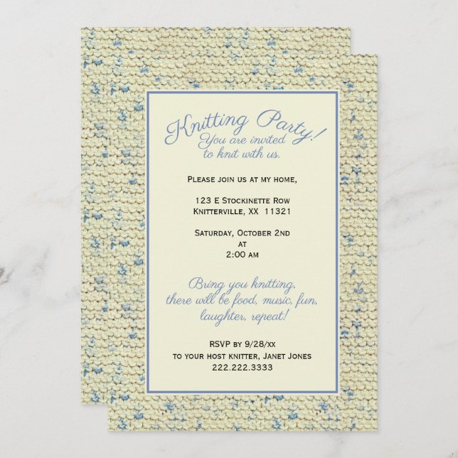 Knitting Party - Tweed Pattern Blue/natural Yarn Invitation (Front/Back)