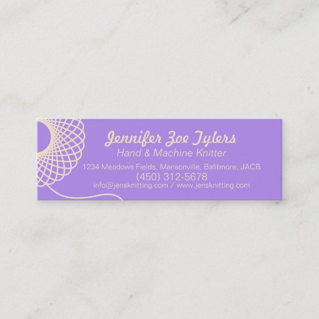 Knitting purple cream skinny business cards (Front)