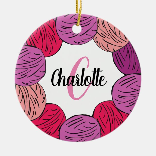 Knitting purple & pink wool gift ceramic tree decoration (Front)