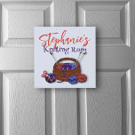 Knitting Room Personalised Canvas Art<br><div class="desc">Knitting room sign with name template. A basket of yarn and knitting needles, in blue and red colours, is the image on this square (10x10 inch) canvas block to hang on a door or wall. Light blue with red script for her name and purple blue text for the name of...</div>