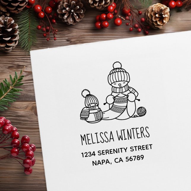 Knitting Snowman in Knitted Hat and Scarf Address Rubber Stamp (Creator Uploaded)