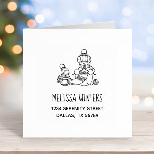 Knitting Snowman in Knitted Hat and Scarf Address Rubber Stamp