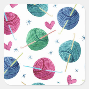 Knitting theme, watercolor seamless pattern. square sticker