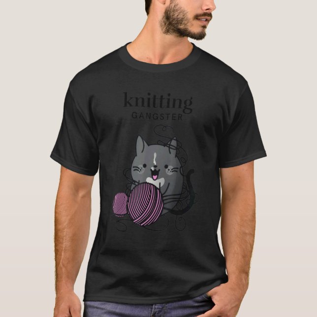 Knitting Tuxedo Cat   Knitting Gangster Knitting   T-Shirt (Front)