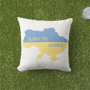 Knitting Ukrainian state map text Glory to Ukraine Cushion
