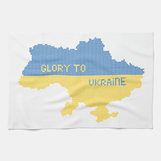 Knitting Ukrainian state map text Glory to Ukraine Tea Towel (Horizontal)