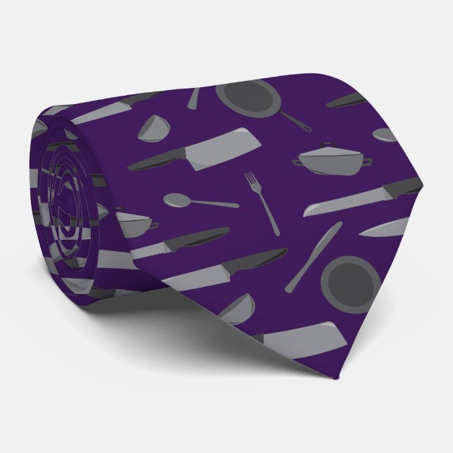 Knives and Cooking Utensils Grey and Purple Chef Tie (Rolled)