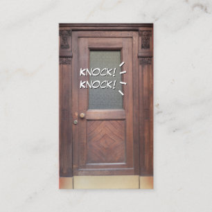 Knocking on brown door funny attention opener business card