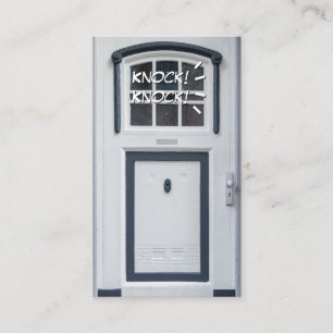 Knocking on white door funny attention opener business card