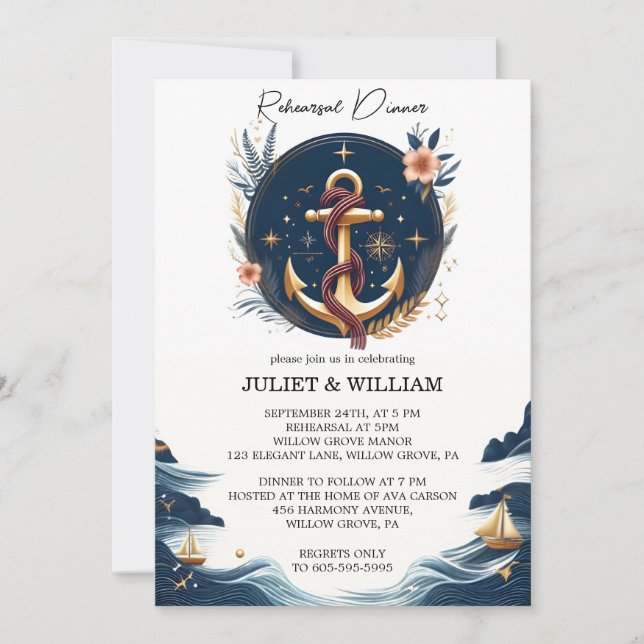 Knot Boat Ship Navy Blue Nautical Rehearsal Dinner Invitation (Front)