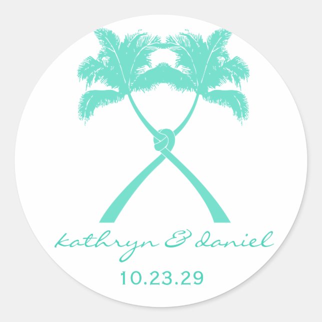 Knot Palm Trees Beach Tropical Wedding Modern Chic Classic Round Sticker (Front)