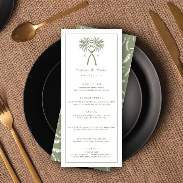Knotted Palm Trees Modern Classic Tropical Wedding Menu (Knotted Palm Trees Monogram Tropical Destination Wedding Menu Card @ fatfatin_blue_knot)