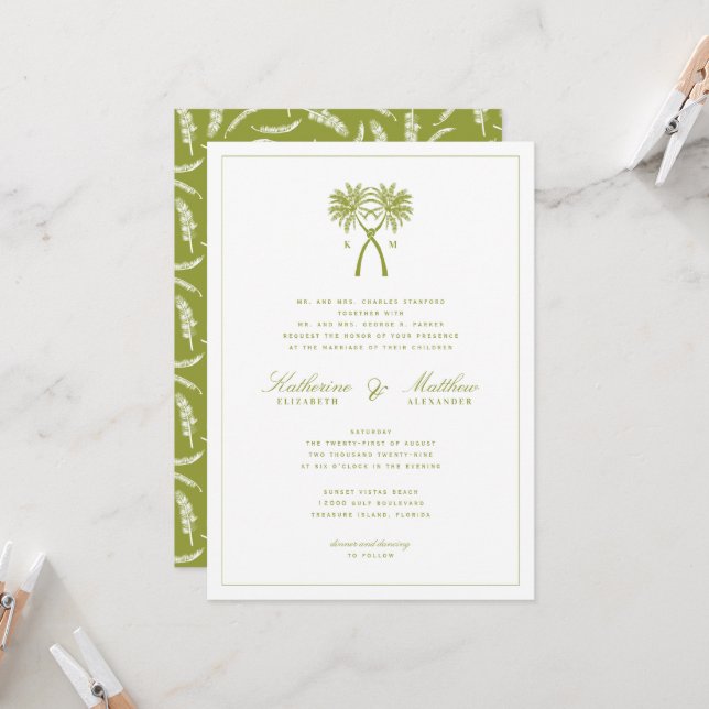 Knotted Palm Trees Tropical Destination Wedding Invitation (Front/Back In Situ)