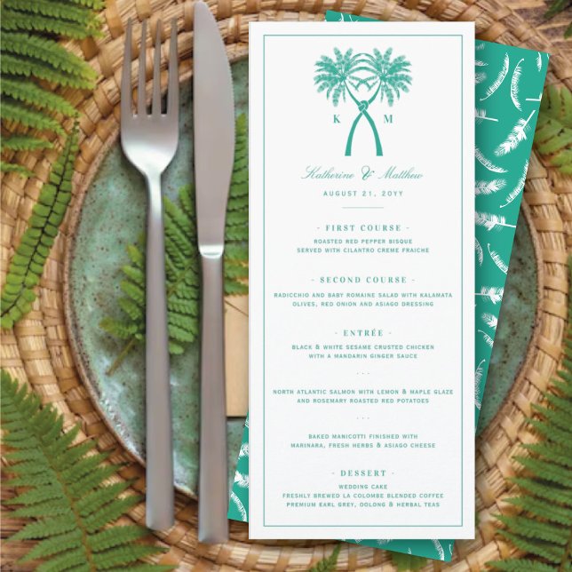 Knotted Palm Trees Tropical Destination Wedding Menu (Knotted Palm Trees Monogram Tropical Destination Wedding Menu Card @ fatfatin_blue_knot)