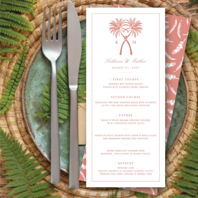 Knotted Palm Trees Tropical Destination Wedding Menu (Knotted Palm Trees Monogram Tropical Destination Wedding Menu Card @ fatfatin_blue_knot)