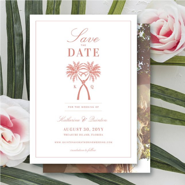 Knotted Palm Trees Tropical Destination Wedding Save The Date (Knotted Palm Trees Tropical Wedding Save The Date Photo Announcement Card @ fatfatin_blue_knot)