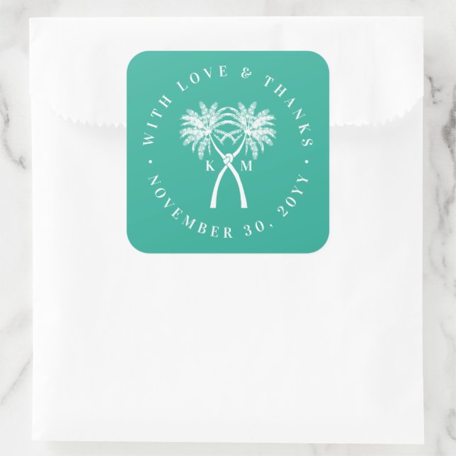 Knotted Palm Trees Tropical Destination Wedding Square Sticker (Bag)