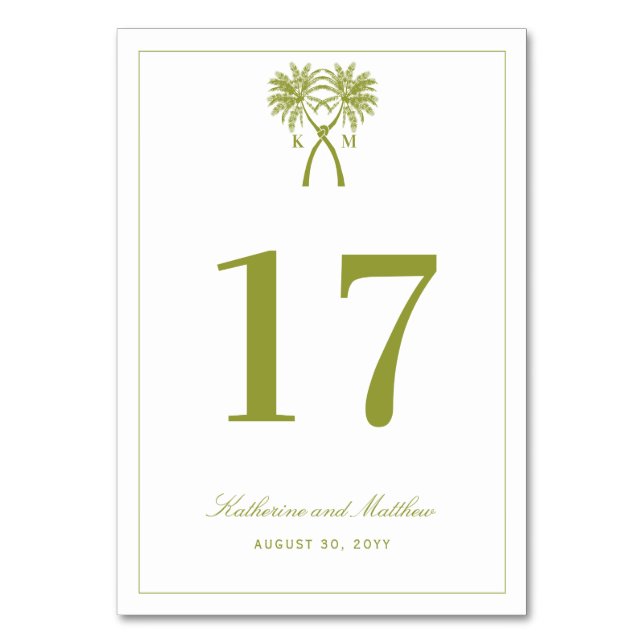 Knotted Palm Trees Tropical Destination Wedding Table Number (Front)