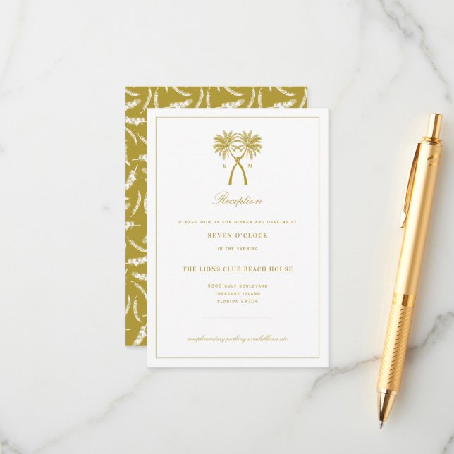 Knotted Palm Trees Tropical Wedding Reception Enclosure Card (Front/Back In Situ)