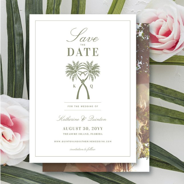 Knotted Palm Trees Tropical Wedding Save The Date Invitation (Knotted Palm Trees Tropical Wedding Save The Date Photo Announcement Card @ fatfatin_blue_knot)