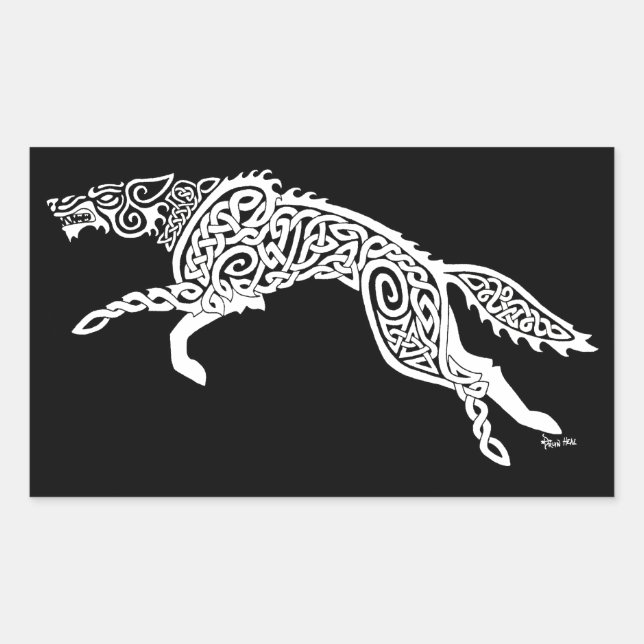 Knotwork Wolf, White on Black Rectangular Sticker (Front)