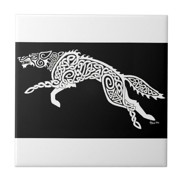 Knotwork Wolf, White on Black Tile (Front)