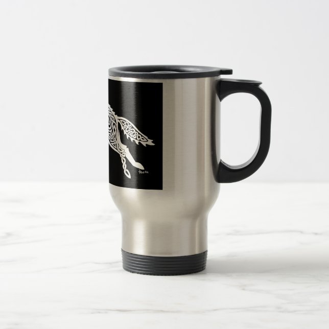 Knotwork Wolf, White on Black Travel Mug (Right)