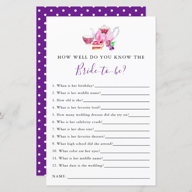 know the bride Bridal Shower Game Tea Party Purple (Front/Back)