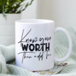 Know Your Worth Inspirational Motivational Quote Coffee Mug<br><div class="desc">Know Your Worth Inspirational Motivational Quote features modern calligraphy black script with the funny positive saying "Know your worth then add tax". Designed by Evco Studio www.zazzle.com/store/evcostudio</div>